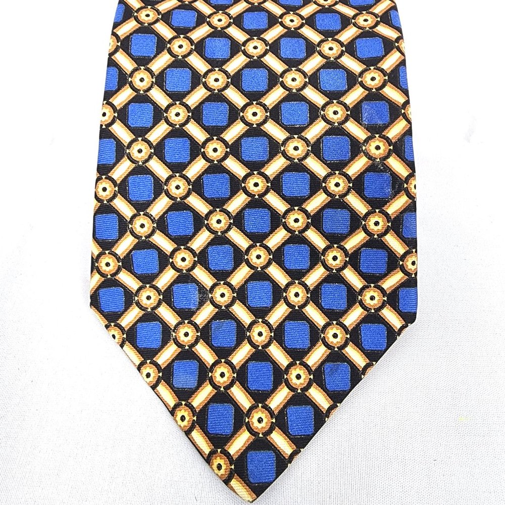 Domani Men's Tie Italian Silk Blue & Gold Geometric Design USA